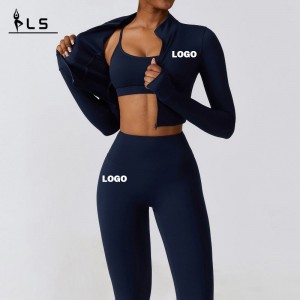 Sc9281 3 κομμάτια σακάκι σπορ σουτιέν leggings γιόγκα κοστούμι μαύρη γυμναστική γκέτες γυμναστήριο φορούν γυναίκες σετ γυμναστήριο ρούχα φερμουάρ κορυφή ενεργή φθορά
