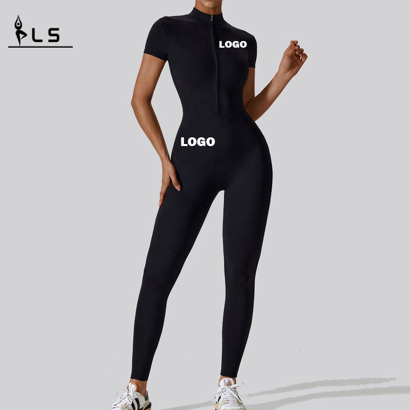 SC1075 One Piece Workout Yoga Jumpsuits Στερεό κοντό μανίκι μισό φερμουάρ γυμναστήριο