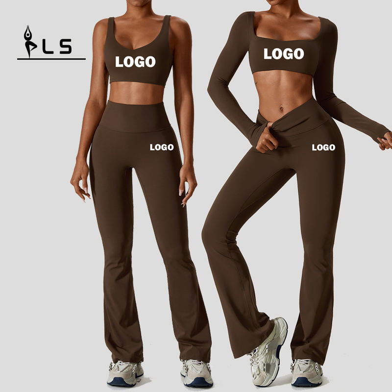 SC9272 Γιόγκα σετ γυμναστικής γυναικών 2023 Long Sleeve Sport Bra Gym Sport Pants Two Piece Flare Geggings Wear Wear